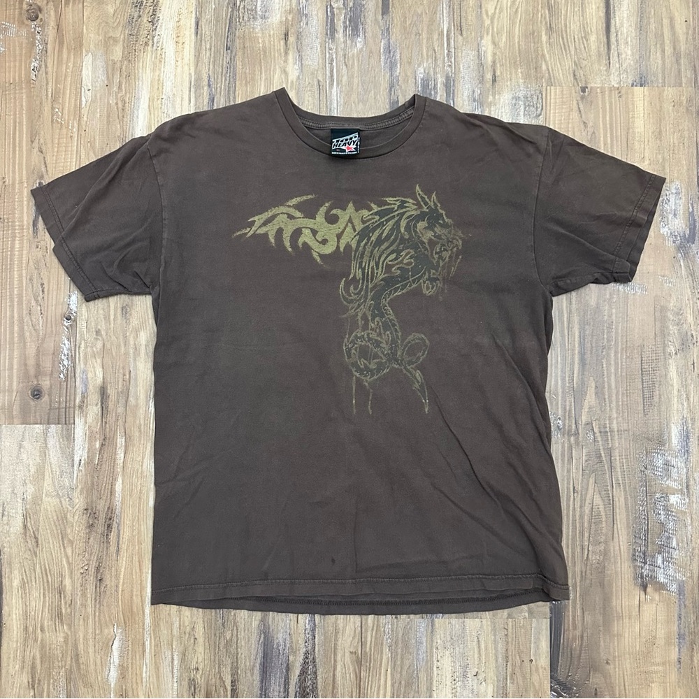 VTG Y2K 2000s Brown Top Heavy Dragon T-shirt